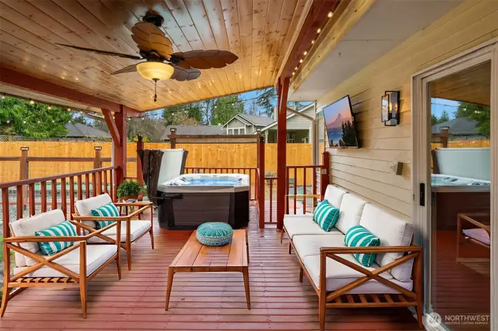 Covered patio with outdoor TV, hottub, ceiling fan for hot summer nights