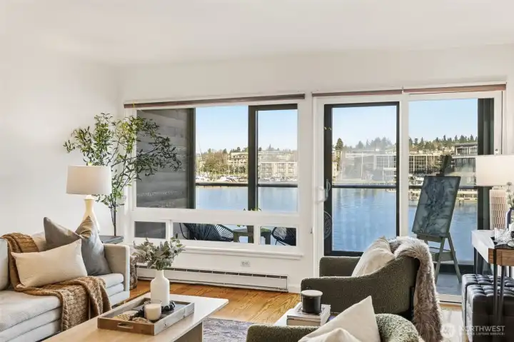 Living room with lanai and endless lake views