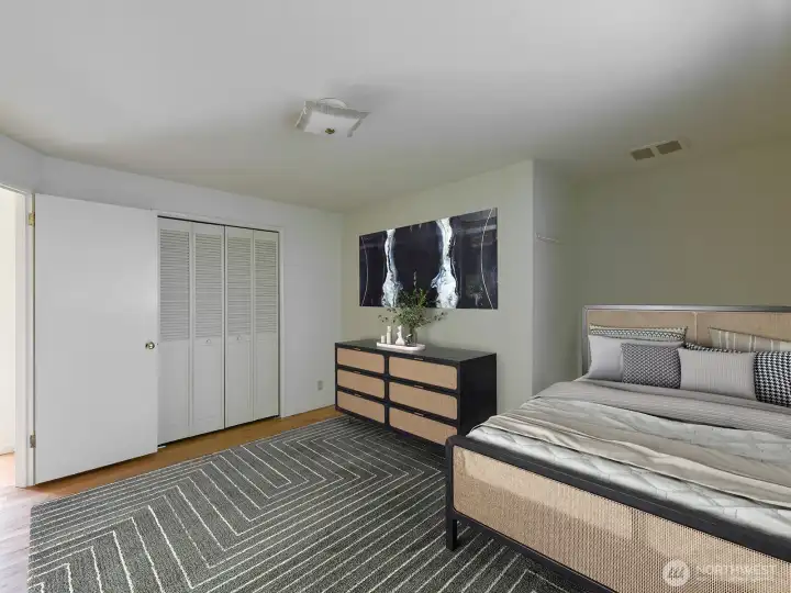 Primary bedroom, virtually staged.