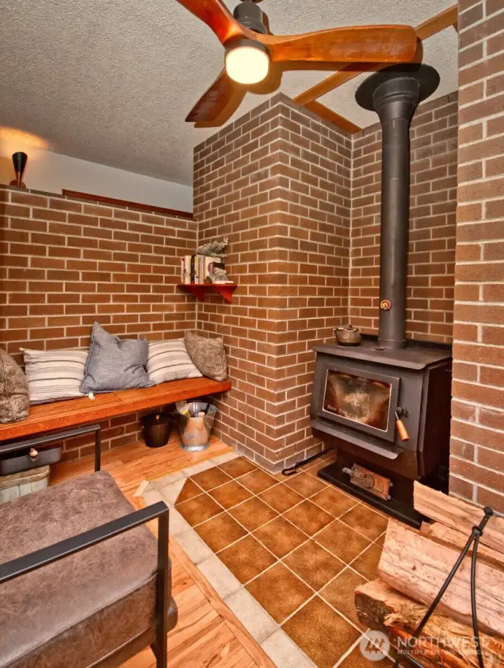 This free-standing wood stove can heat the entire living room.