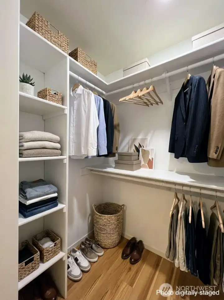 The walk-in closet has built-in shelves.
