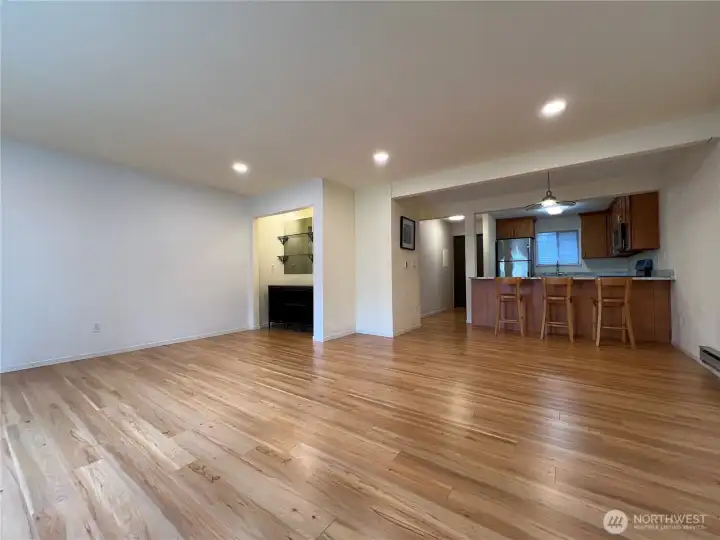 The spacious living room has a sidebar where you can store your wine & wine glasses.