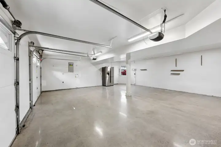Two car garage with diamond polished floor keeps this garage looking pristine.