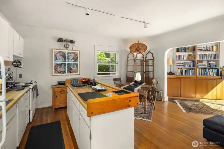 Kitchen looks out to dining room
