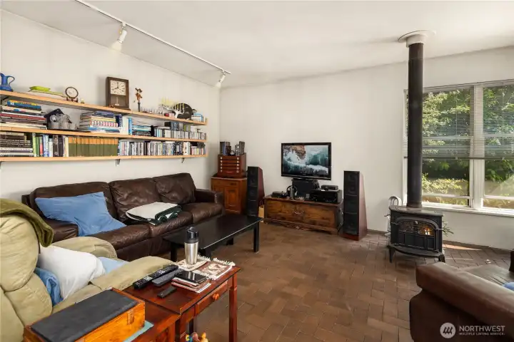 Living room with brick flooring