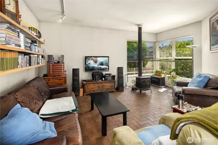 Cozy living room with wood stove