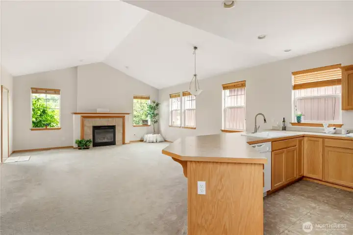Open vaulted great room style.