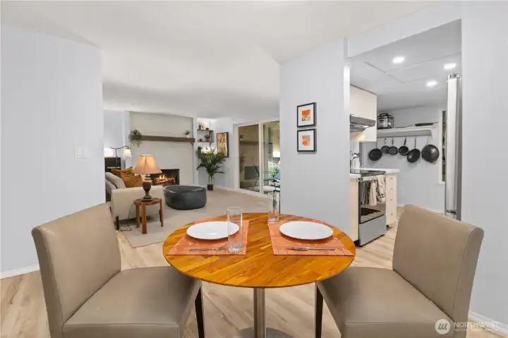 View of living room and kitchen from dining room