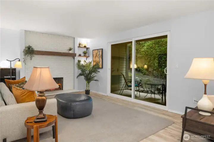 View of patio and living room