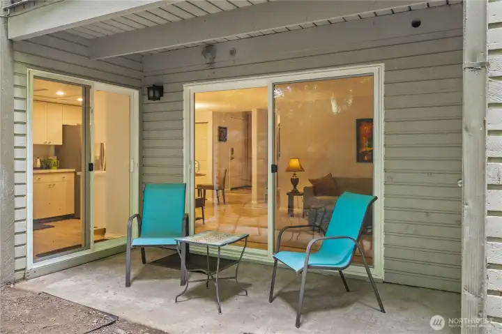 Patio with living room in background