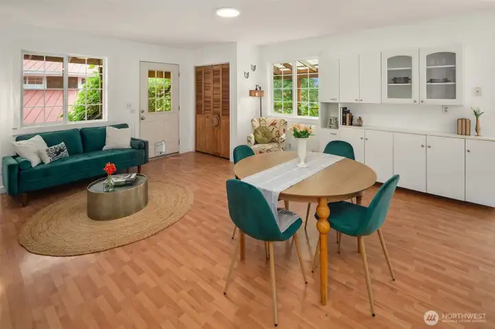 The 2 bed/1bath apartment has an open floor plan. The 2 bed/1bath apartment has an open floor plan.