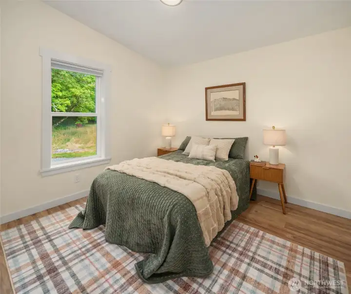 The secondary bedroom is decent sized and placed away from the primary bedroom for privacy and independence. The secondary bedroom is decent sized and placed away from the primary bedroom for privacy and independence.