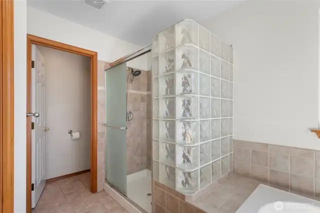 Primary bathroom with walk in shower and sunken tub.