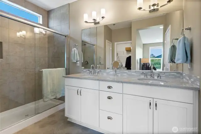 Primary bath has contemporary counters and just-right backsplash. Safe-step in shower too! Not pictured is huge walk-in closet to left and private thrown-room to the right.