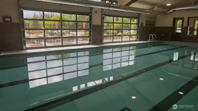Indoor pool at the lodge (The Tides) has roll-up garage doors with seating adjacent so it feels like an outdoor pool yet it's comfortable all year-round. Pool activities include water aerobics and team pool-volleyball and more. Amazing feature: IT DRAINS IN 4 MINS TO SUPPORT UP TO 100 PARTICIPANT EVENTS.