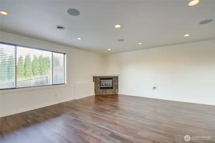 Lower floor great room has fireplace/ cozy