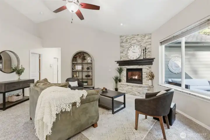 Natural Stone floor to ceiling Fireplace with custom built mantel