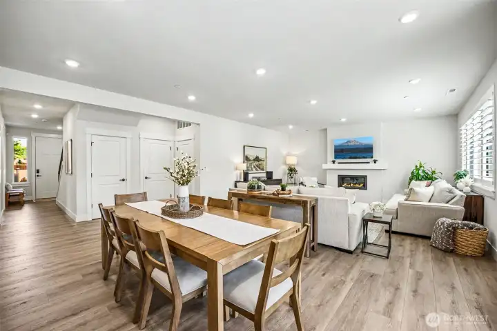 Open floor plan opens to the three car garage