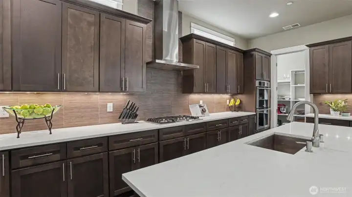 Top-of-the-line Electrolux stainless steel appliance package includes a side by side built-in refrigerator and freezer set, 5 burner gas range/oven, dual wall ovens with convection, as well as a dishwasher and a microwave tucked into the island.