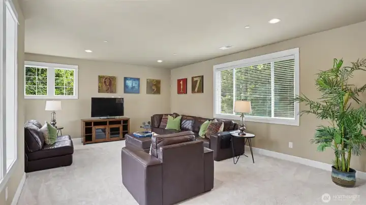 Spacious upper level bonus room is filled with natural light and conveniently located over the garage below.