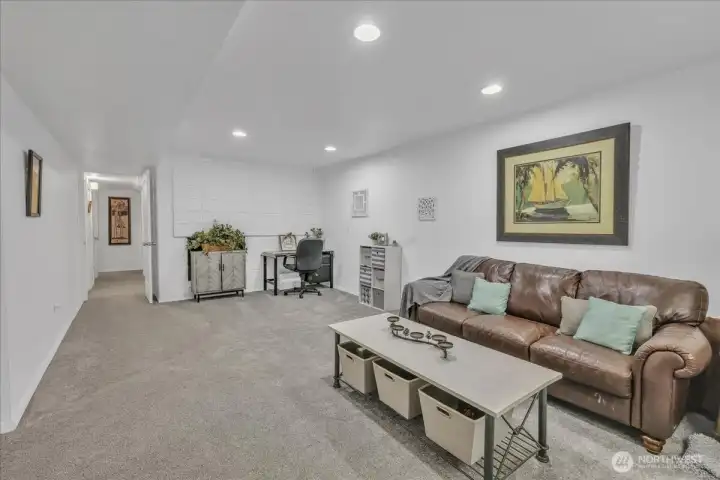 Downstairs large living room, fireplace is hidden by the cabinent
