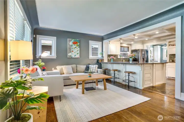 Open dining, kitchen and living room.