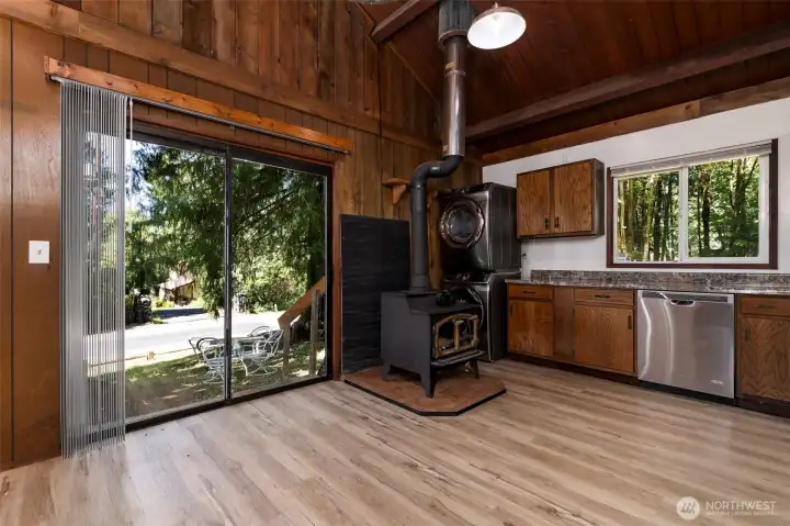 Fantastic wood stove heats the entire place up warm and cozy, for minimal dollars!