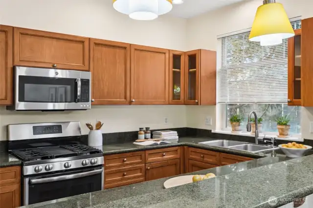 Gourmet kitchen with window at sink- lets in natural light