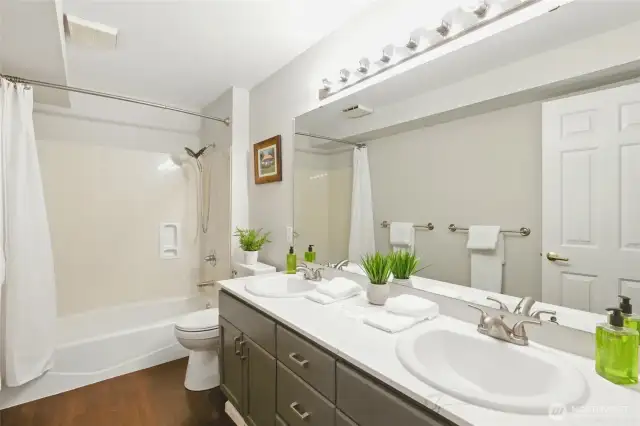 New quartz countertops in bath.