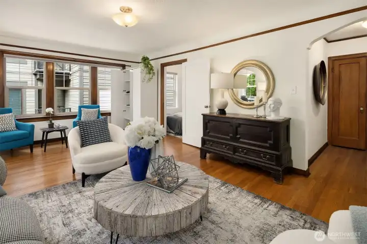 The living room is exceptionally large and can accommodate a second seating area, work from home space, or other creative use.