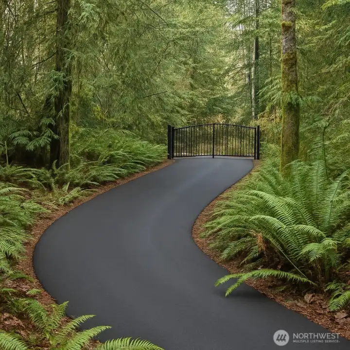 An AI depiction of the gate and road using an actual property picture.