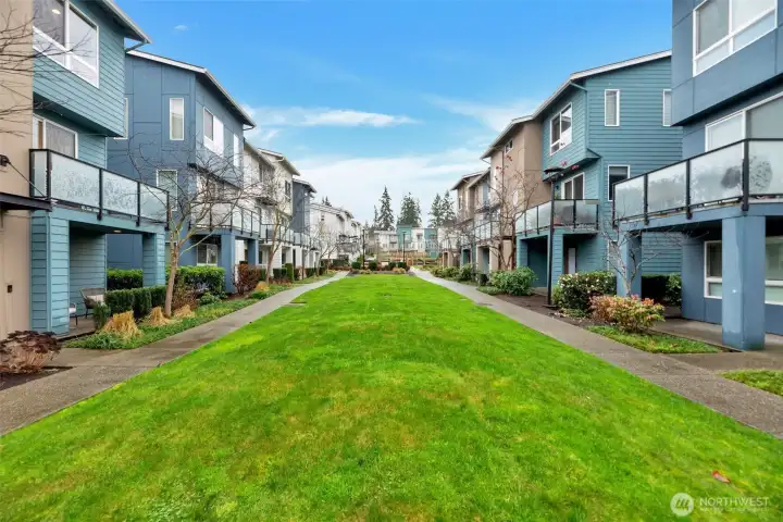 Beautifully maintained courtyard in front of the property, steps to playground/picnic area.