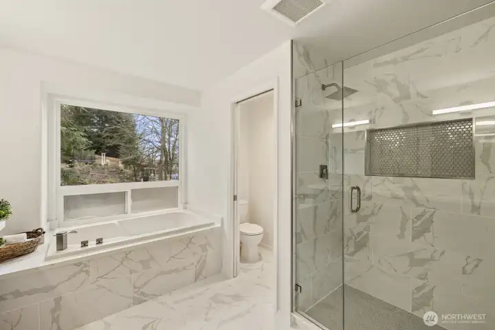 Spa-like soaking tub and shower.