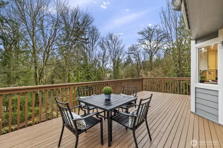 Entertainment size deck with tranquil views of the park-like yard.