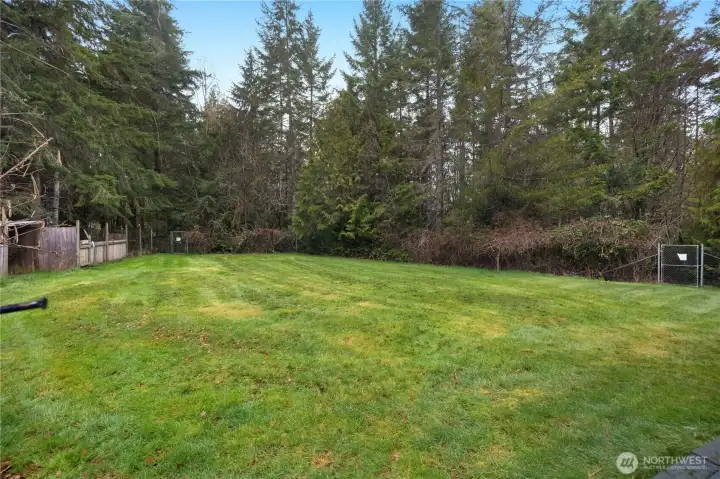 Backyard with walk-through gates leading to the private trail along the property edge.