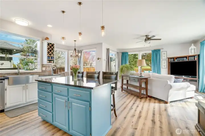 Kitchen overlooks the large living room