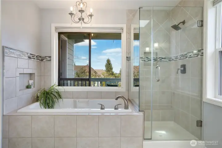 Bathtub and Shower in the primary