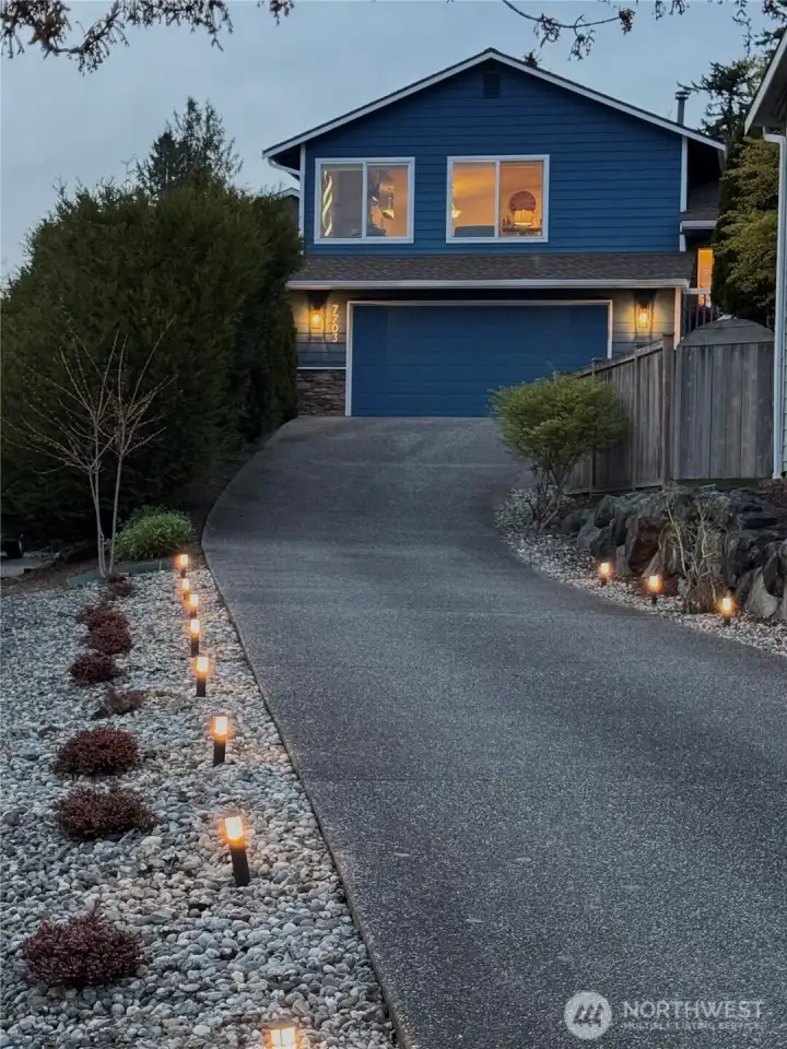 Well lit driveway entrance