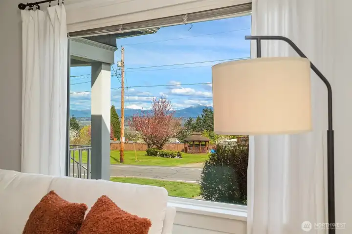 Cascade views through large windows in living room.