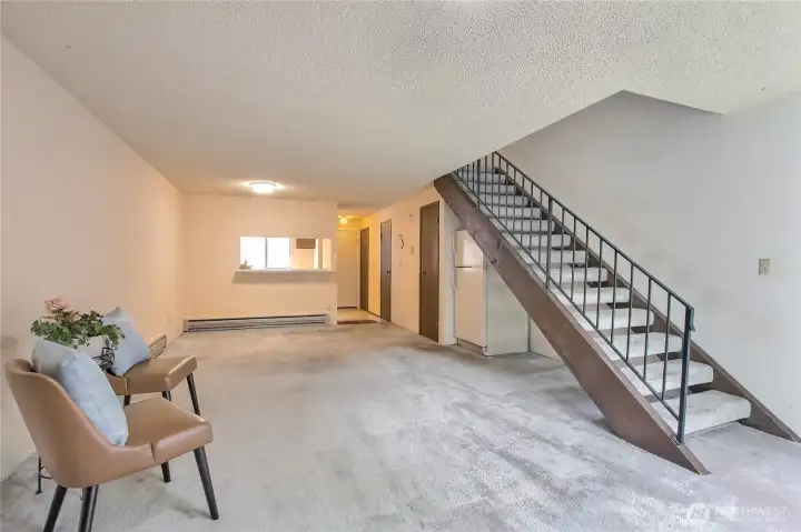 Living room and dining room area