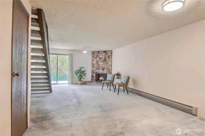 Living room and dining room area view