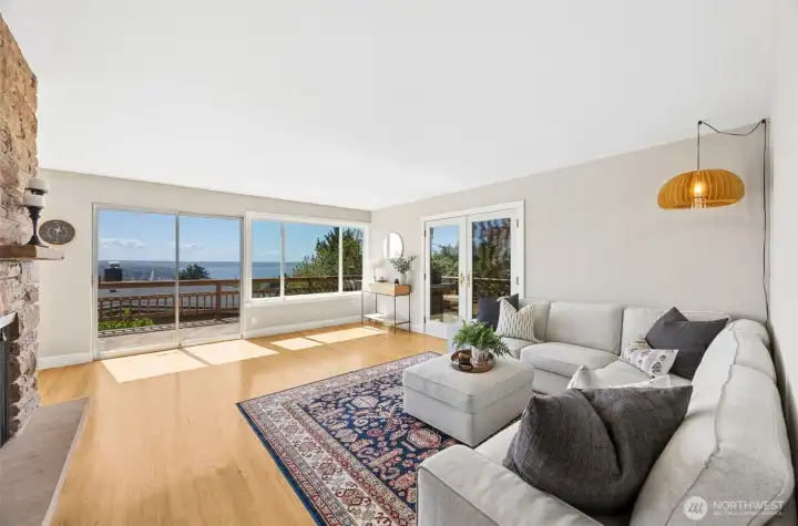 Main level living room with stunning Puget Sound Views