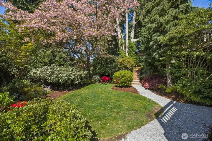 Level grass space with colorful plants surrounding