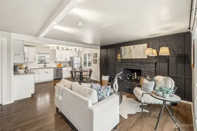 Cozy living room and kitchen provide perfect open concept living space.