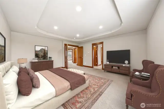 The elegant Primary Suite is oversized and features beautiful Craftsman details.... (Virtually staged).