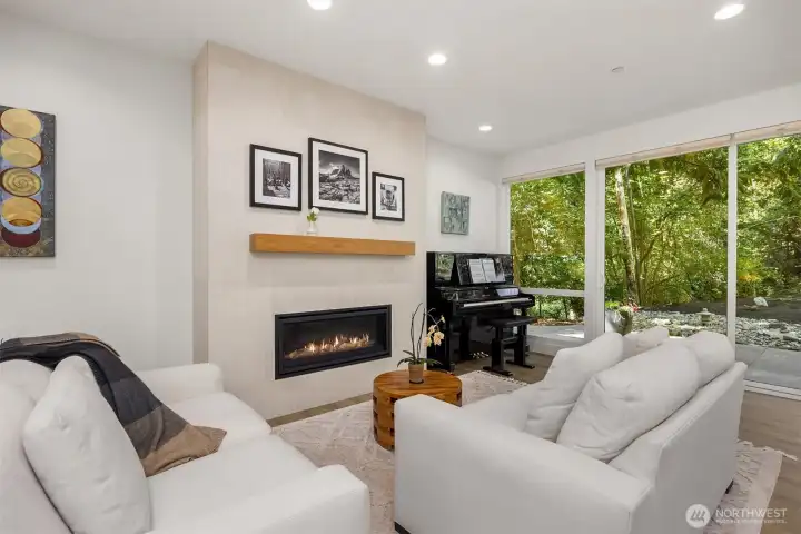 Fireplace and sliding door to garden