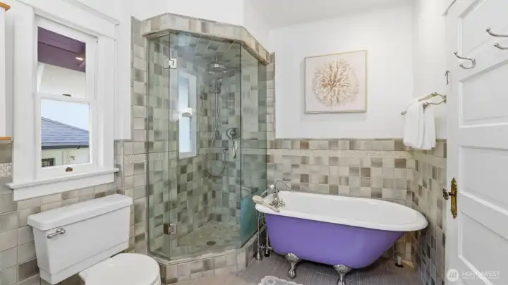 Upstairs full bath updated with vintage-style finishes