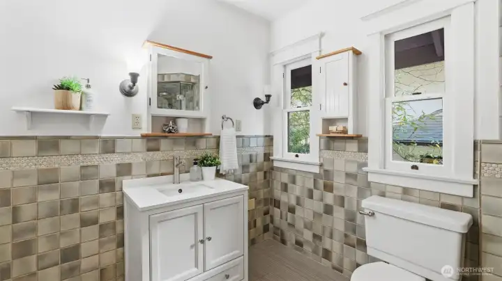 Upstairs full bath updated with vintage-style finishes