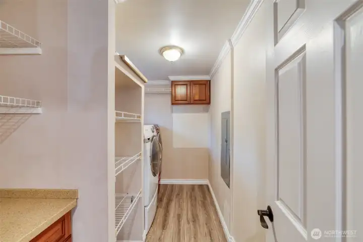 Large utility room off the kitchen featuring an ample pantry, washer and dryer, and additional storage shelving.