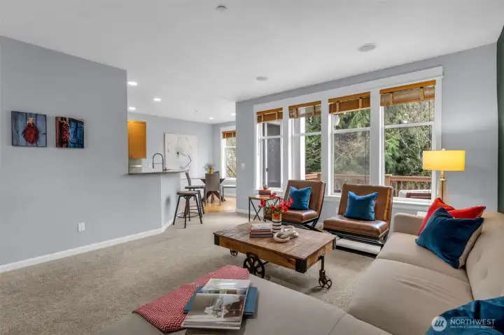 The family room looking into the eat-in kitchen.